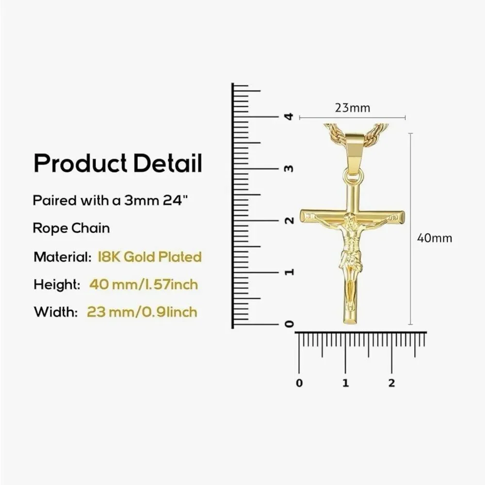 22” 18K Gold Plated Crucifix Cross Pendant Necklace Rope Chain Unisex Religious